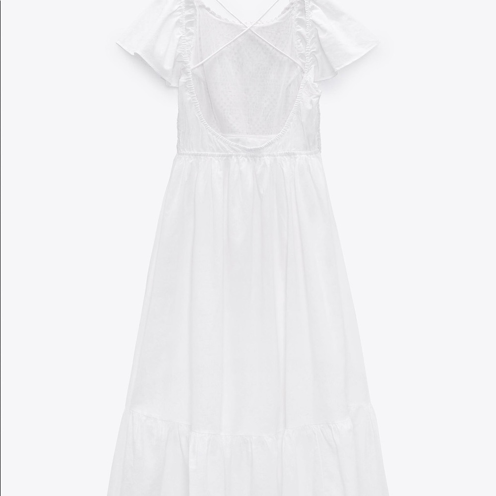 ZARA NEW WOMAN LONG CROCHET LINEN BLEND DRESS RUFFLED HEM WHITE SZ MED 7200/115 - Picture 7 of 7